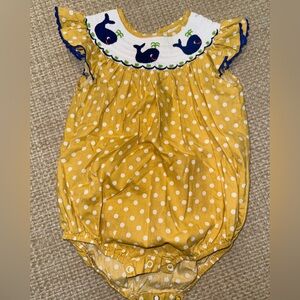 Lil Cactus Mustard Polka Dot Whale Smocked Bishop Bubble - Size 12-18M